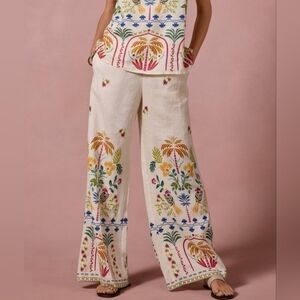 Johnny Was Pants XS Ivory 100% Linen Soller Wide Leg Embroidered Boho New $225
